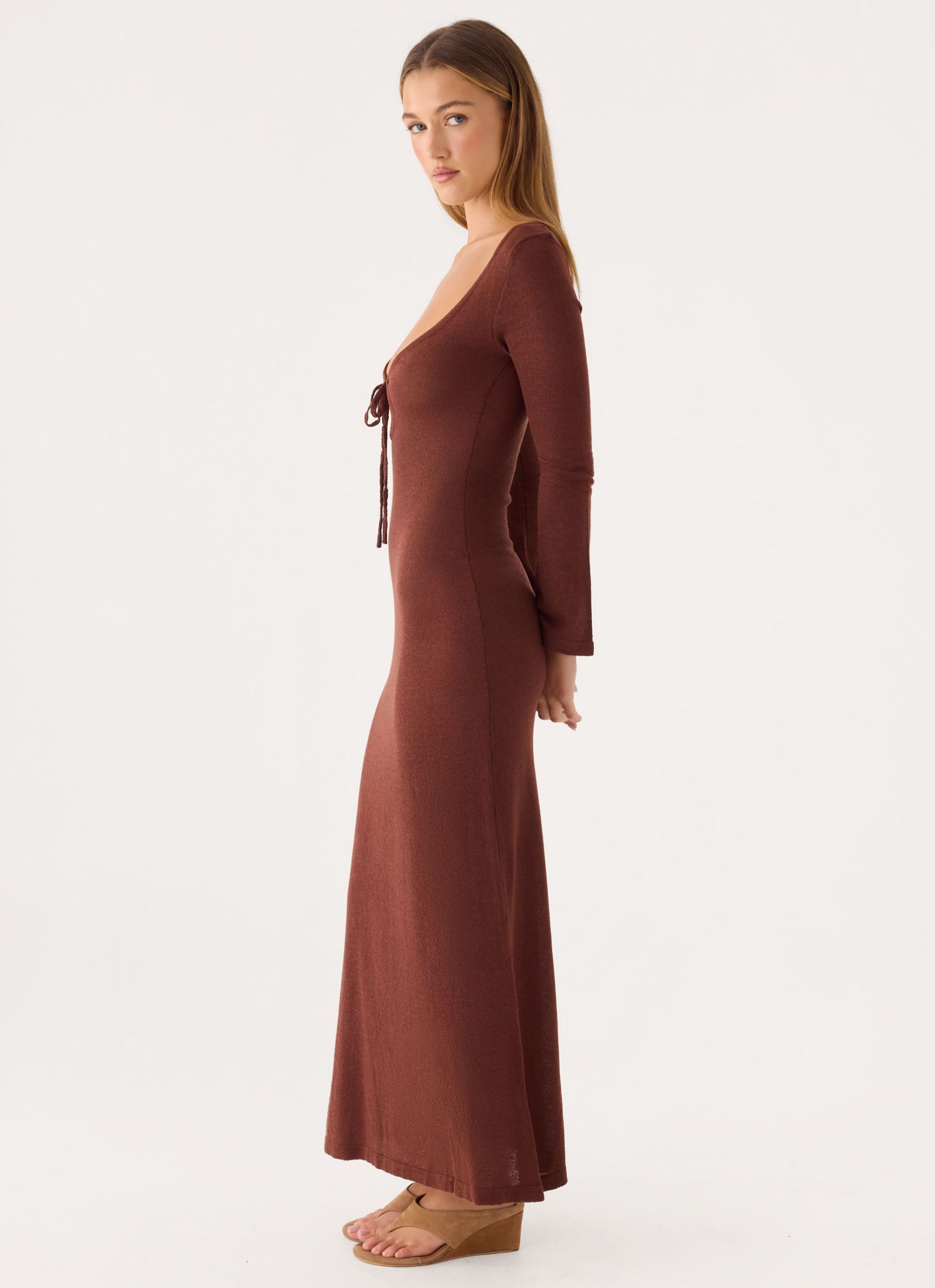 Amarise Knit Tie Front Maxi Dress - Chocolate - Image 3