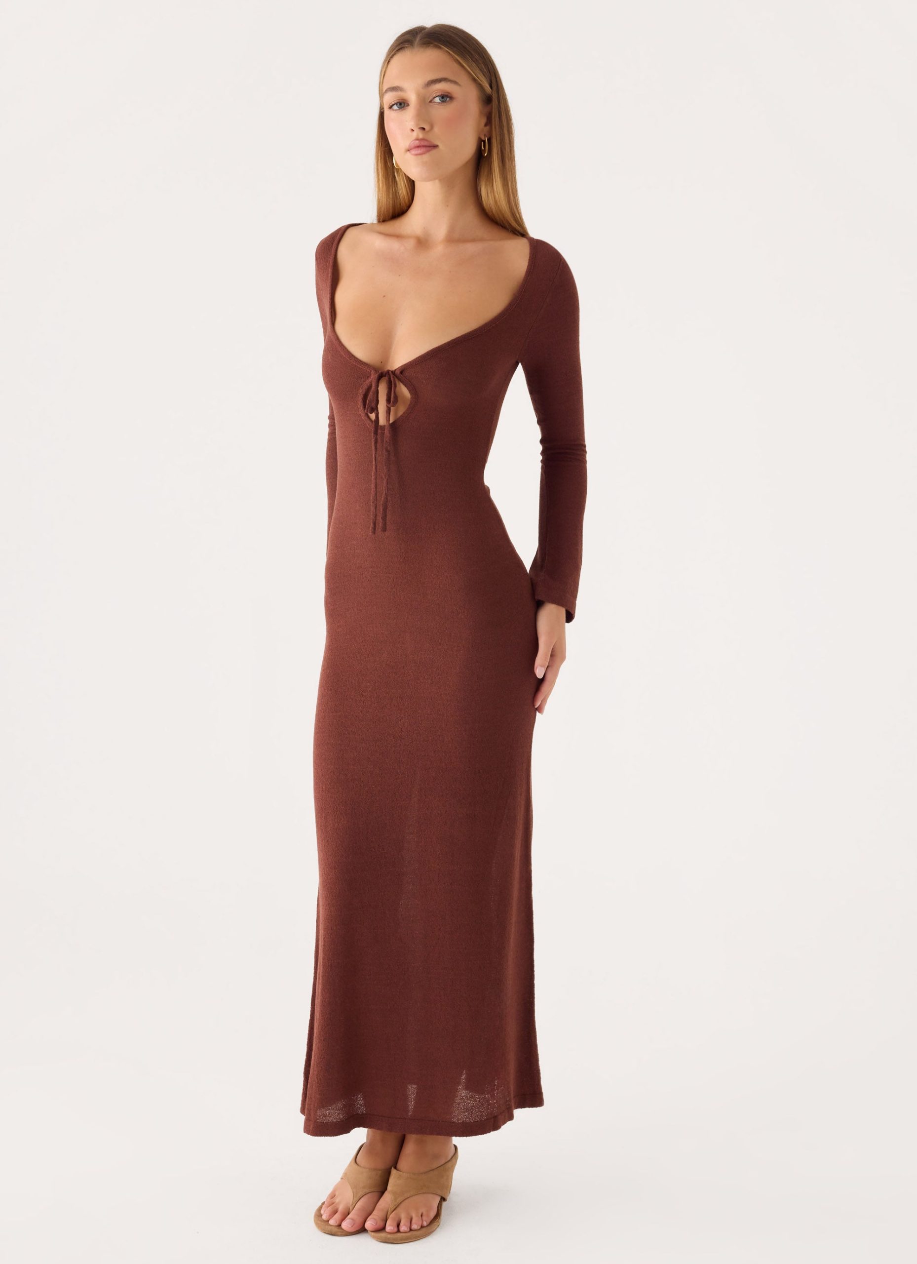 Amarise Knit Tie Front Maxi Dress - Chocolate - Image 5