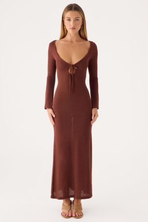Amarise Knit Tie Front Maxi Dress - Chocolate